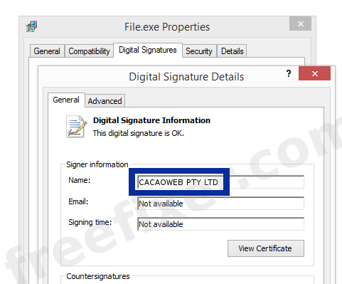 Screenshot of the CACAOWEB PTY LTD certificate
